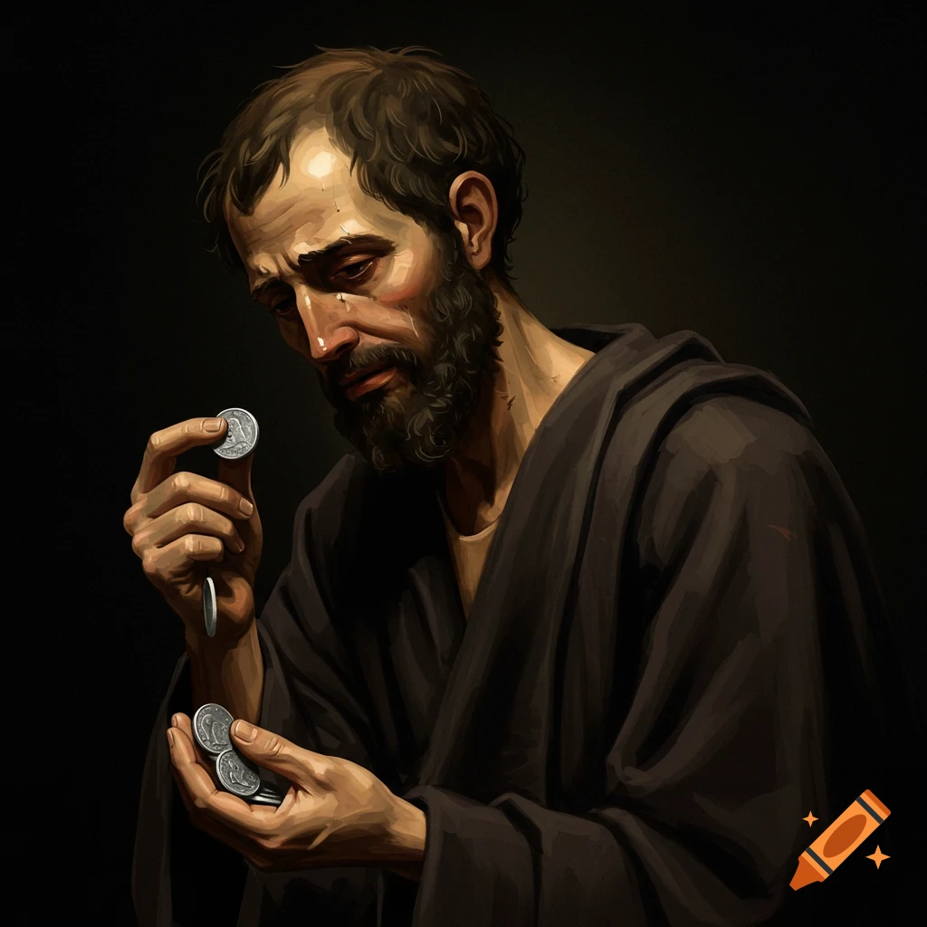 A sad man in a dark robe is holding silver coins.