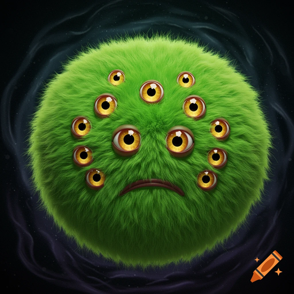 A green furry monster with many eyes and a sad expression.