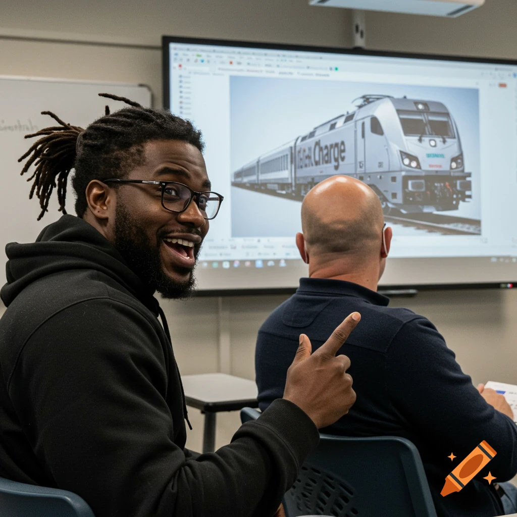 Two men in a classroom looking at a screen showing a Siemens Charger locomotive