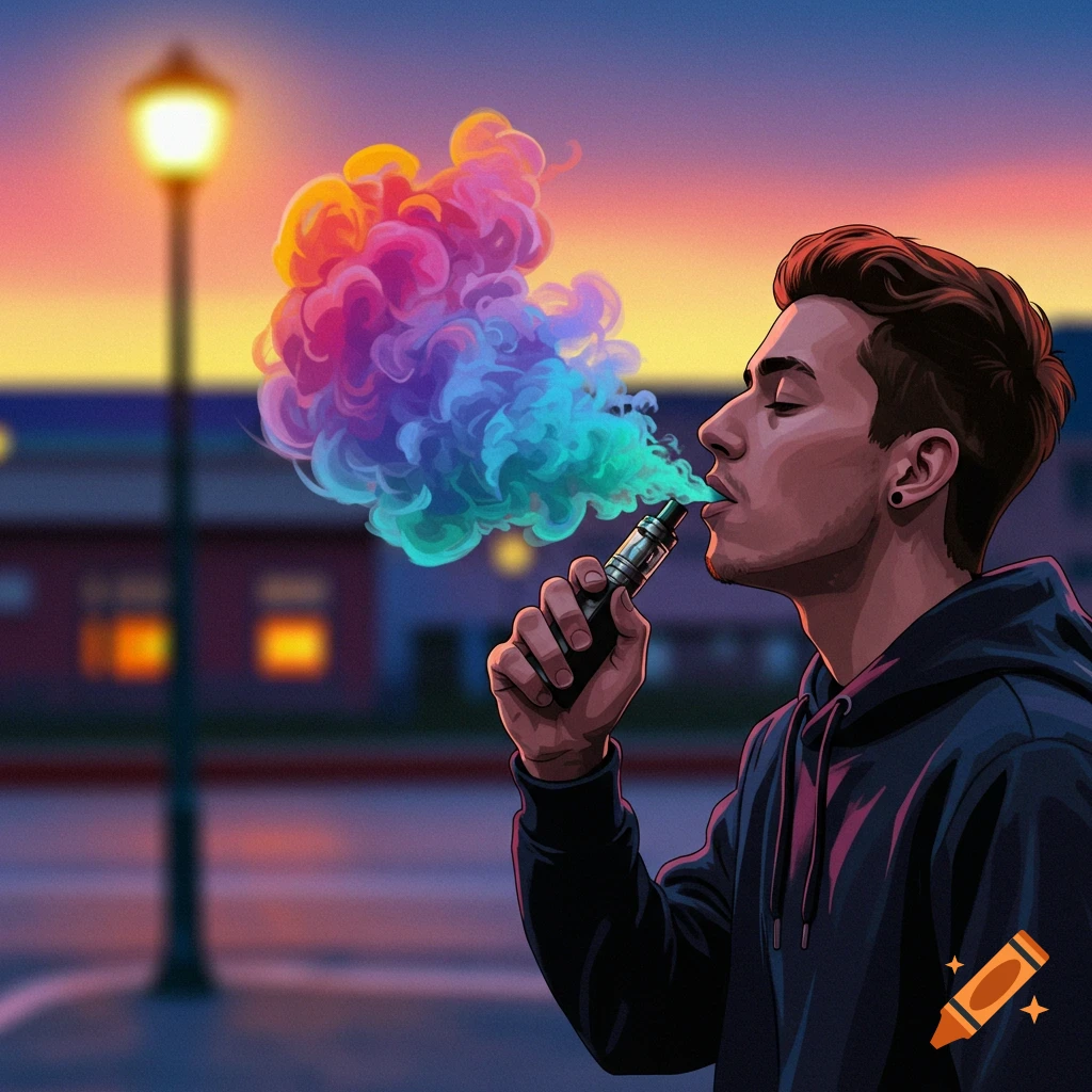 A young man vaping, exhaling colorful smoke against a sunset background.