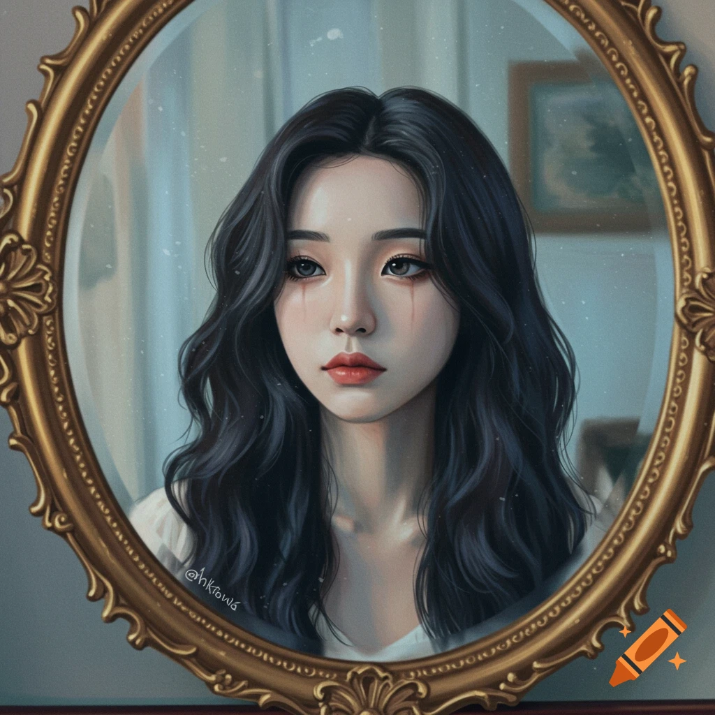 A woman's reflection is visible in an ornate gold mirror.