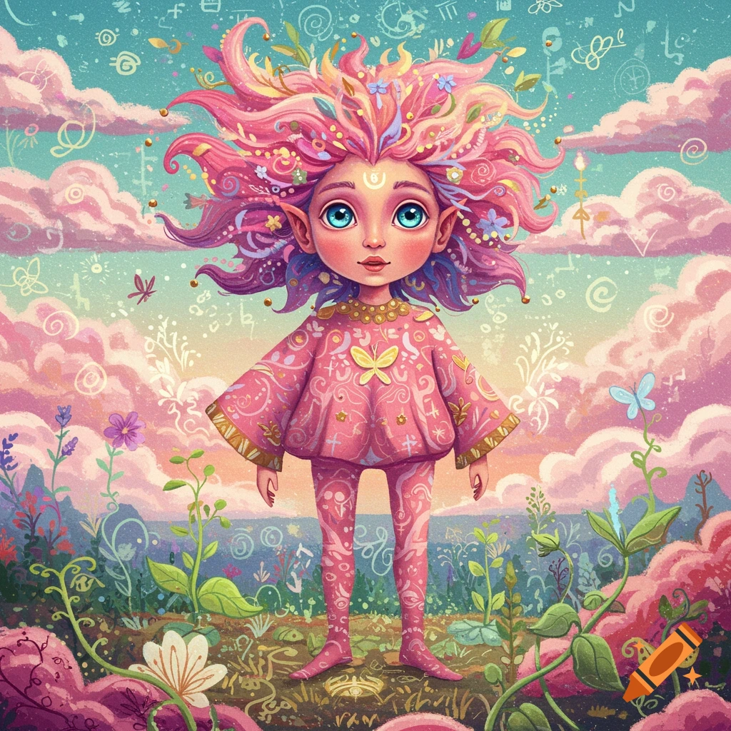 A vibrant picture of a whimsical fantasy creature with pink hair and blue eyes standing in a magical landscape.
