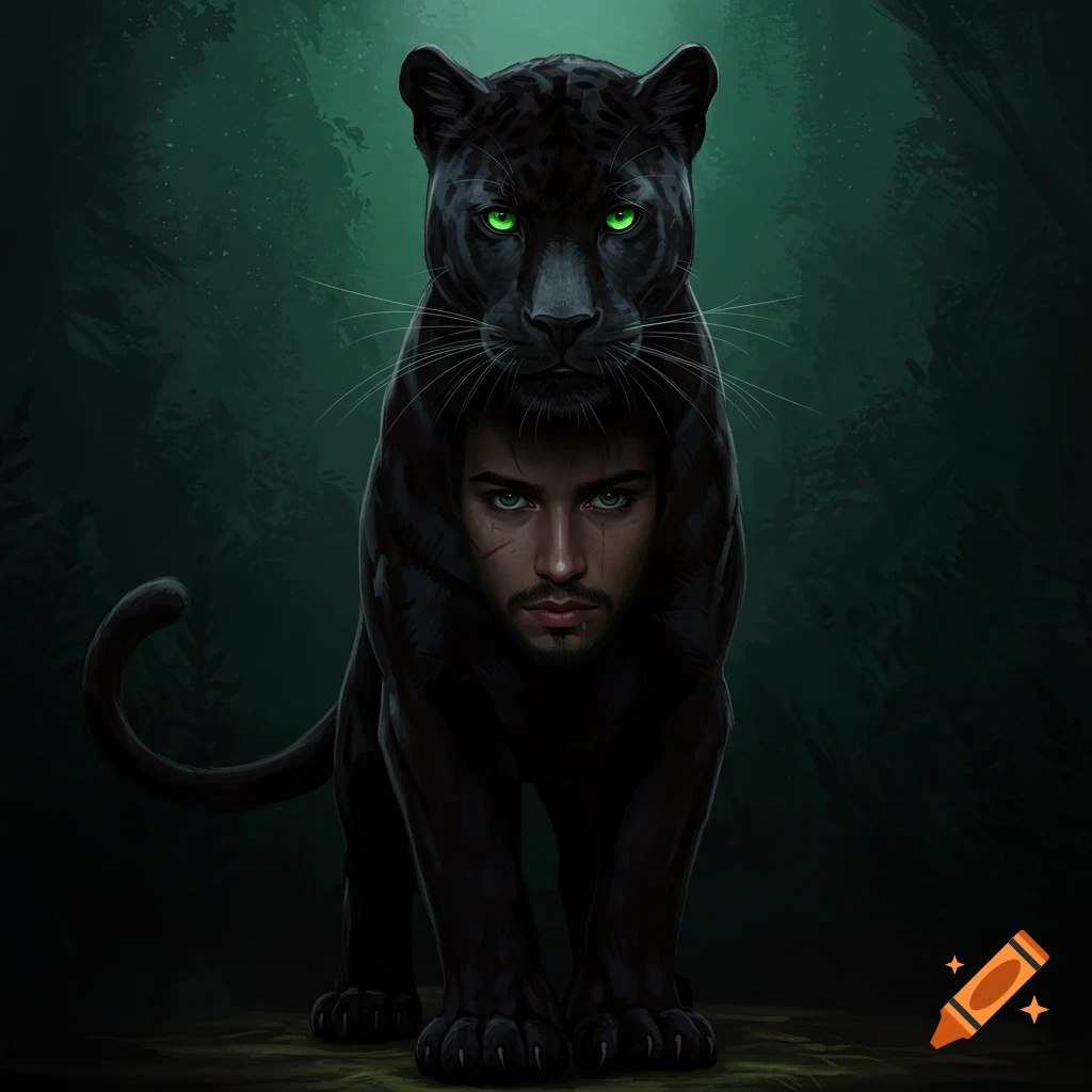 A black panther with a human face is in a dark forest.