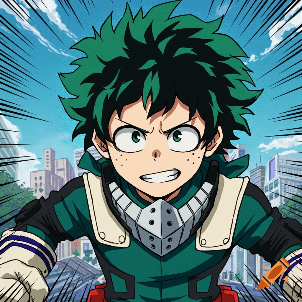 Anime style depiction of the character Deku from My Hero Academia, looking determined in a city.