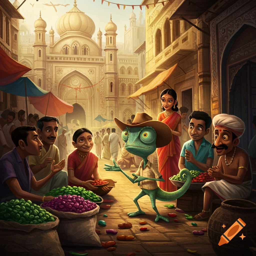 A chameleon in a cowboy hat interacting with people at a market stall with beans in India.