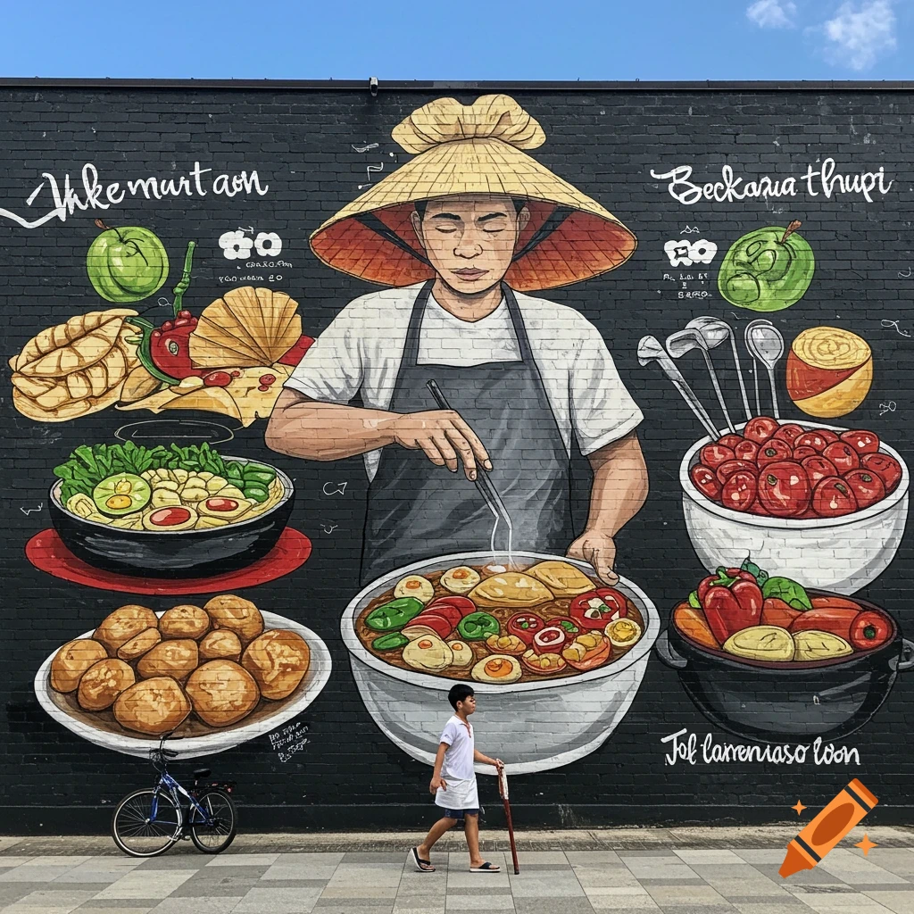 Mural on a black brick wall depicts a person cooking, surrounded by dishes of food and ingredients. A person walks past below.