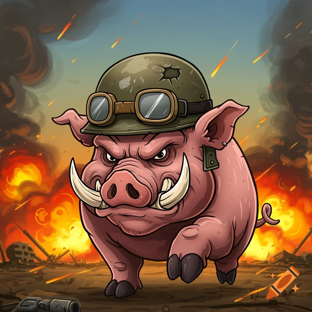 Cartoon war pig with helmet and goggles charging through a battlefield with explosions.
