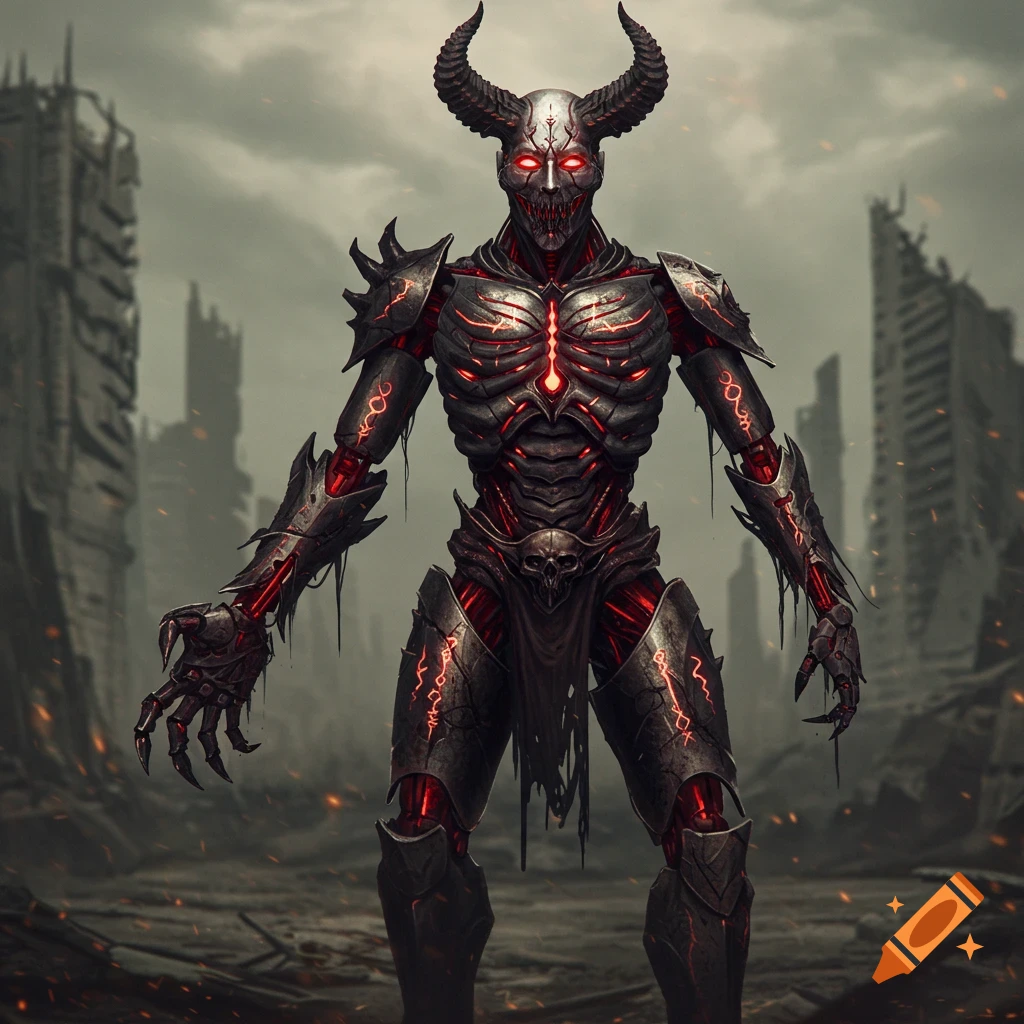 A demonic robot in glowing red armor stands in a ruined city.