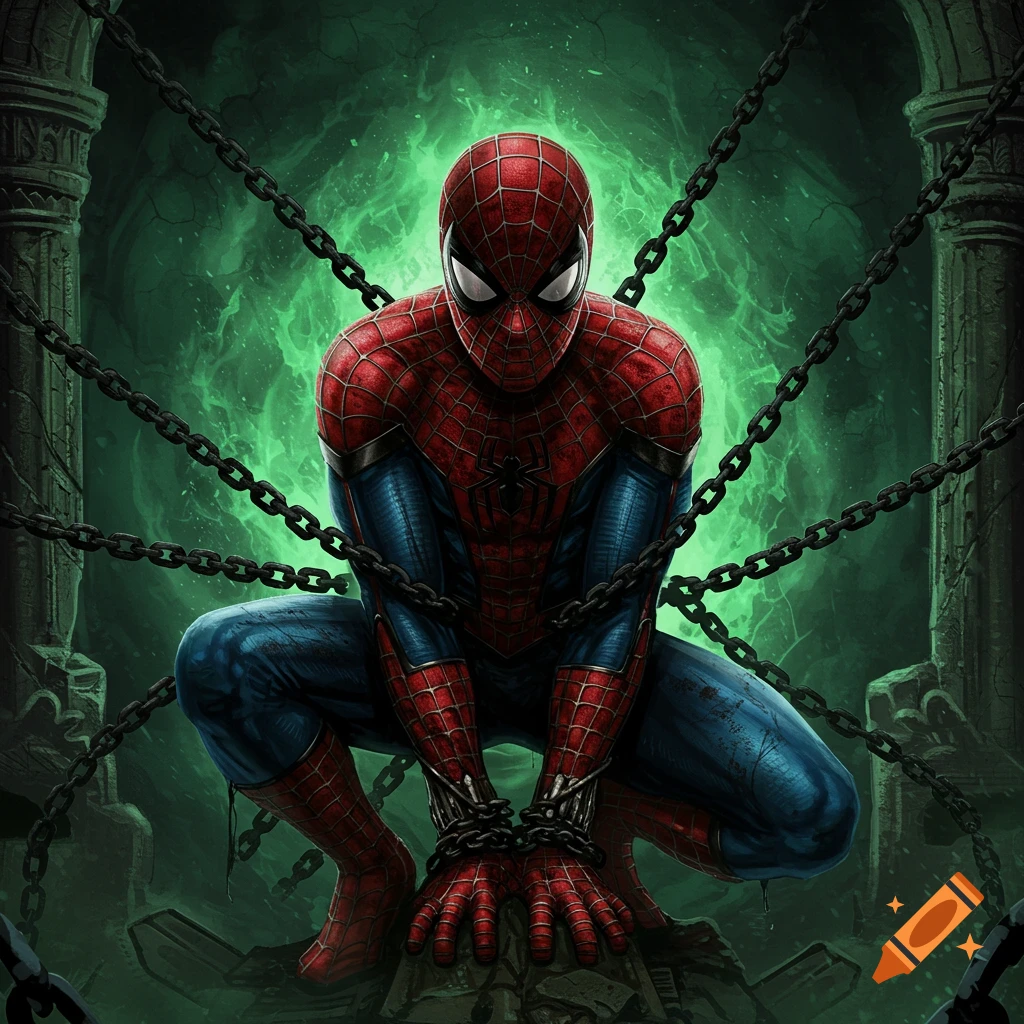 Spider-Man chained, crouching against a green glowing background with columns.