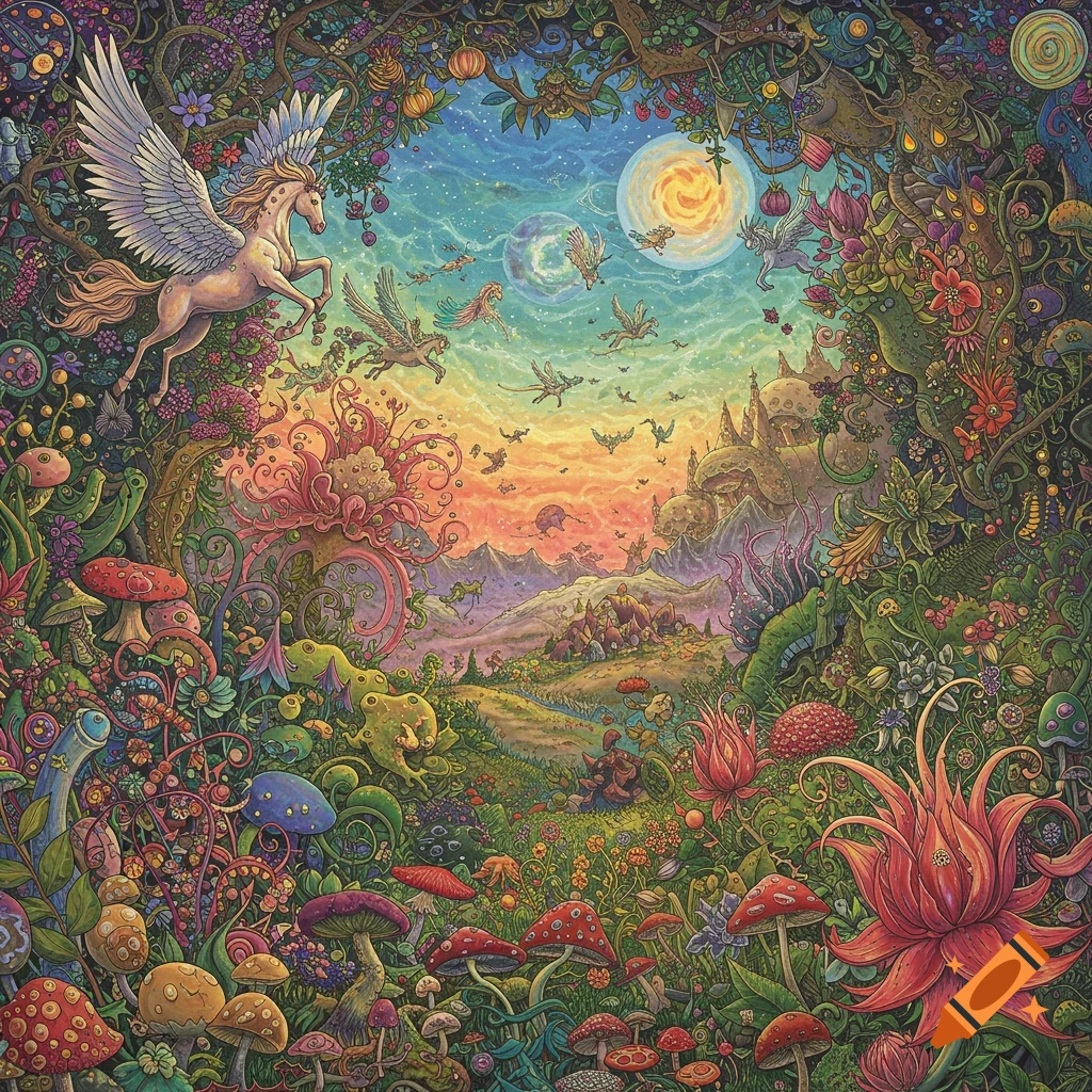 Vibrant, detailed fantasy illustration of a surreal landscape with glowing mushrooms, strange flora, and winged creatures flying around a castle.