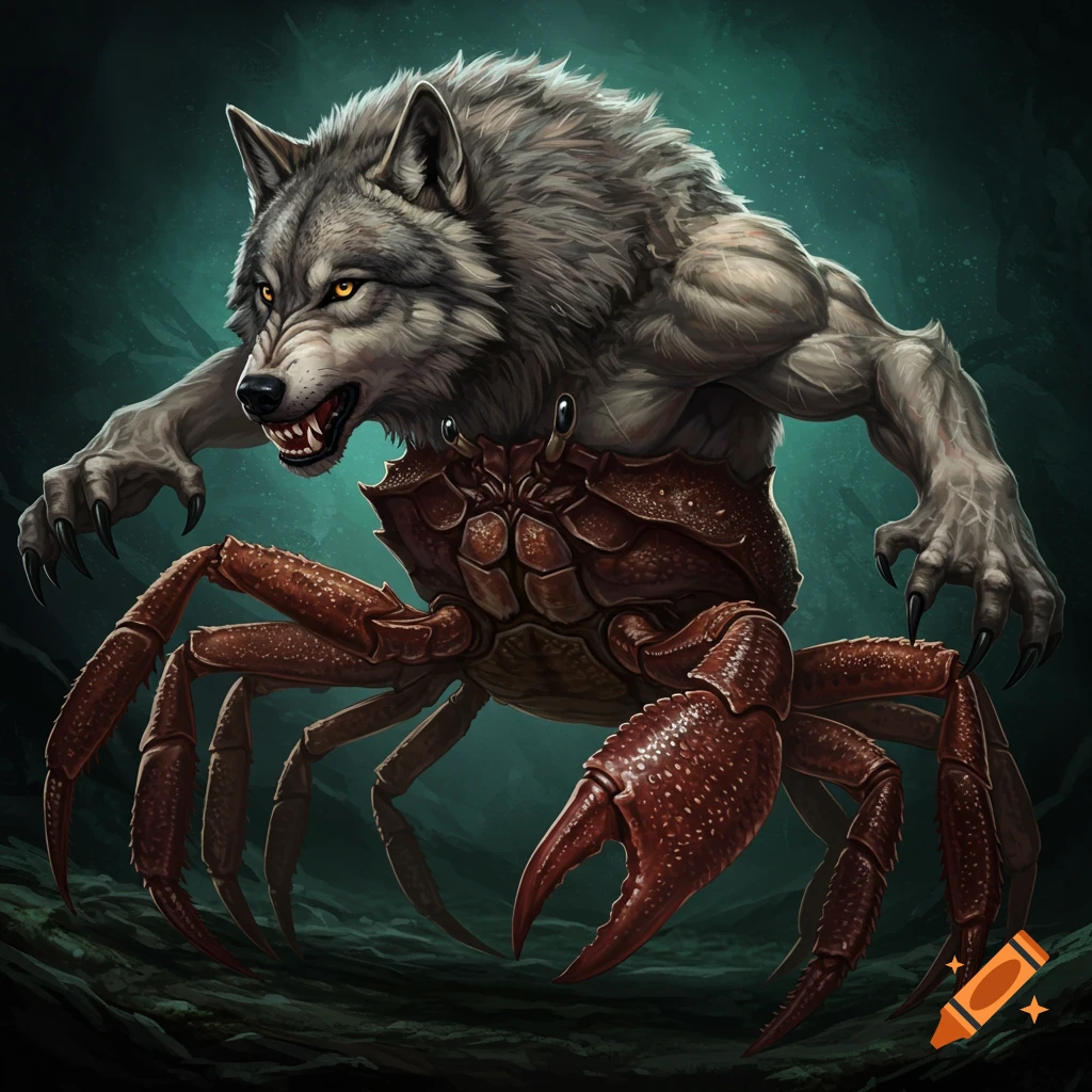A creature with a wolf head and arms, and a crab body and legs.