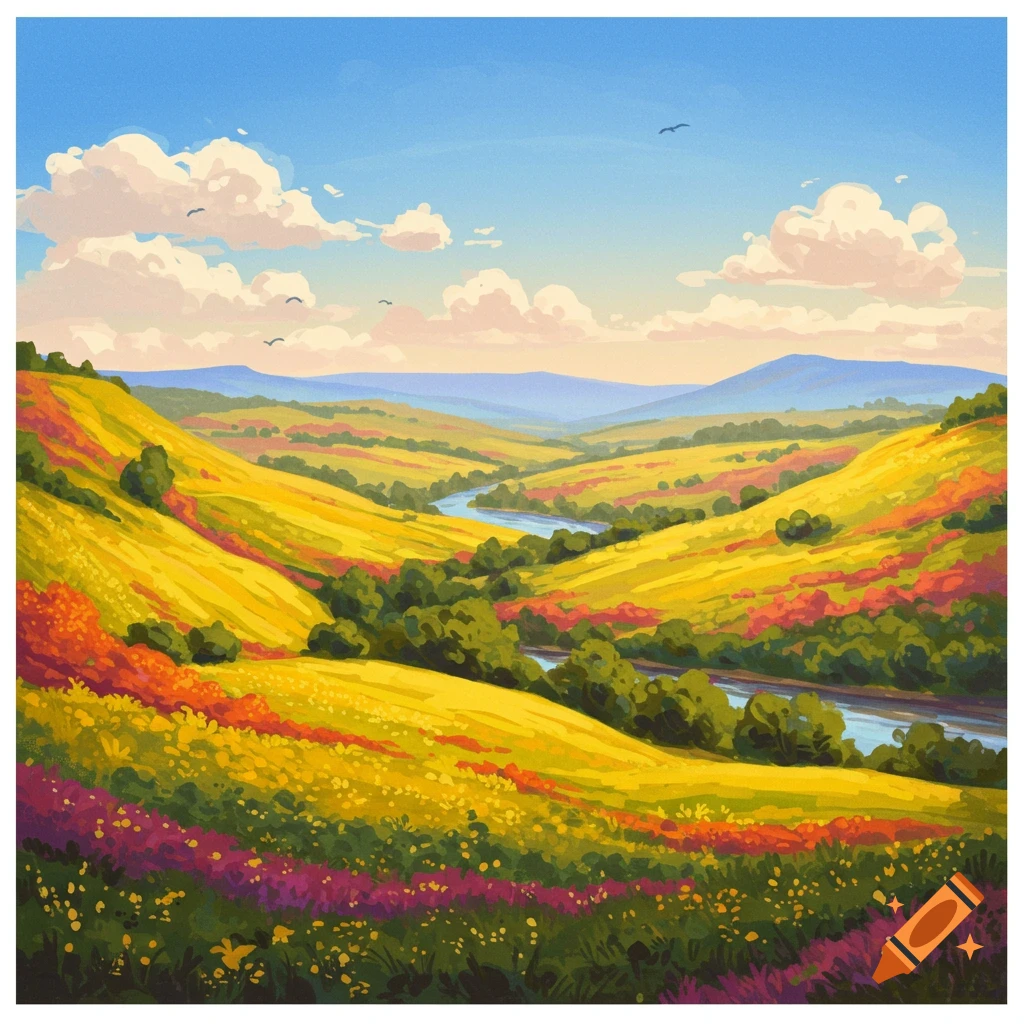 A bright, hilly landscape with a river, flowers, and birds.