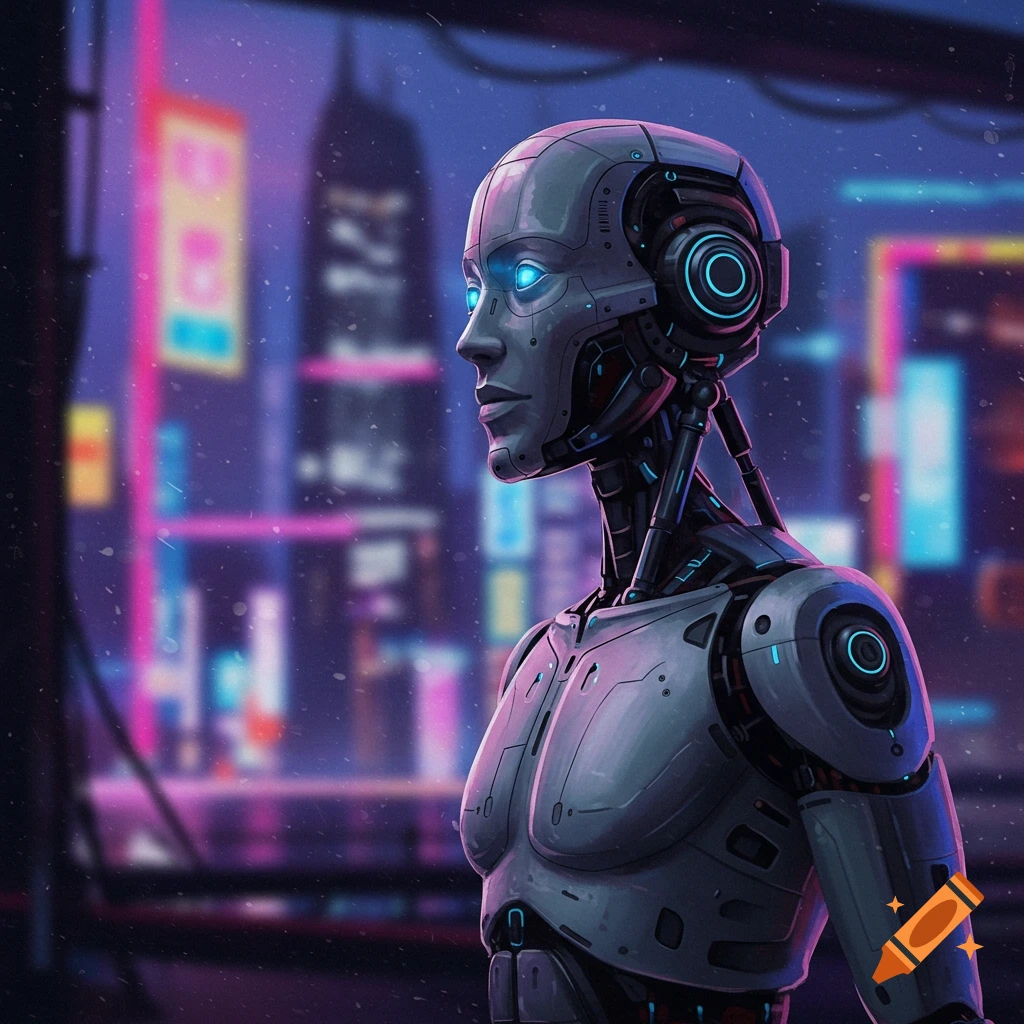 A robot bust sits in a cyberpunk city