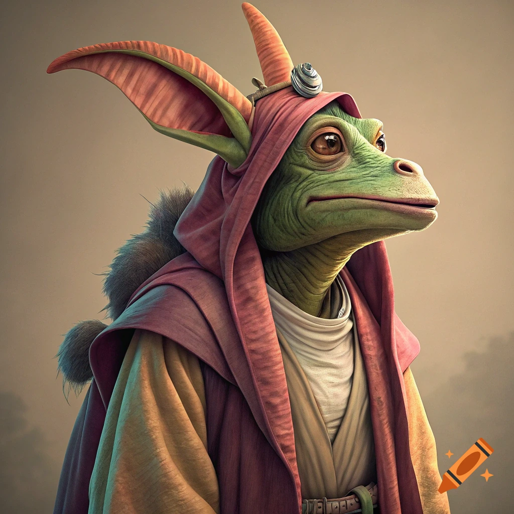 Portrait of a green-skinned alien creature in robes.