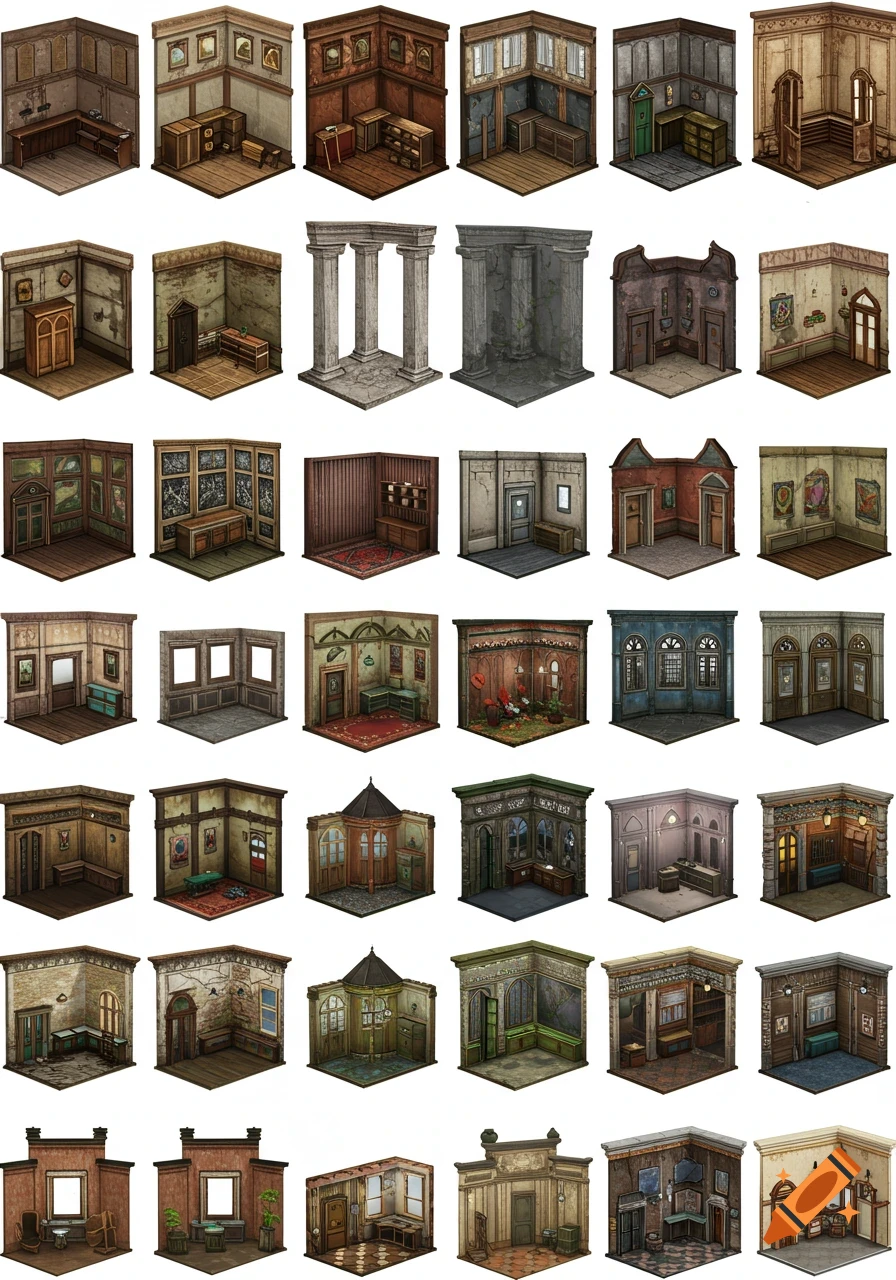 A grid of 40 isometric illustrations showing various interior room corners, architectural elements, and furniture, suitable for game assets.