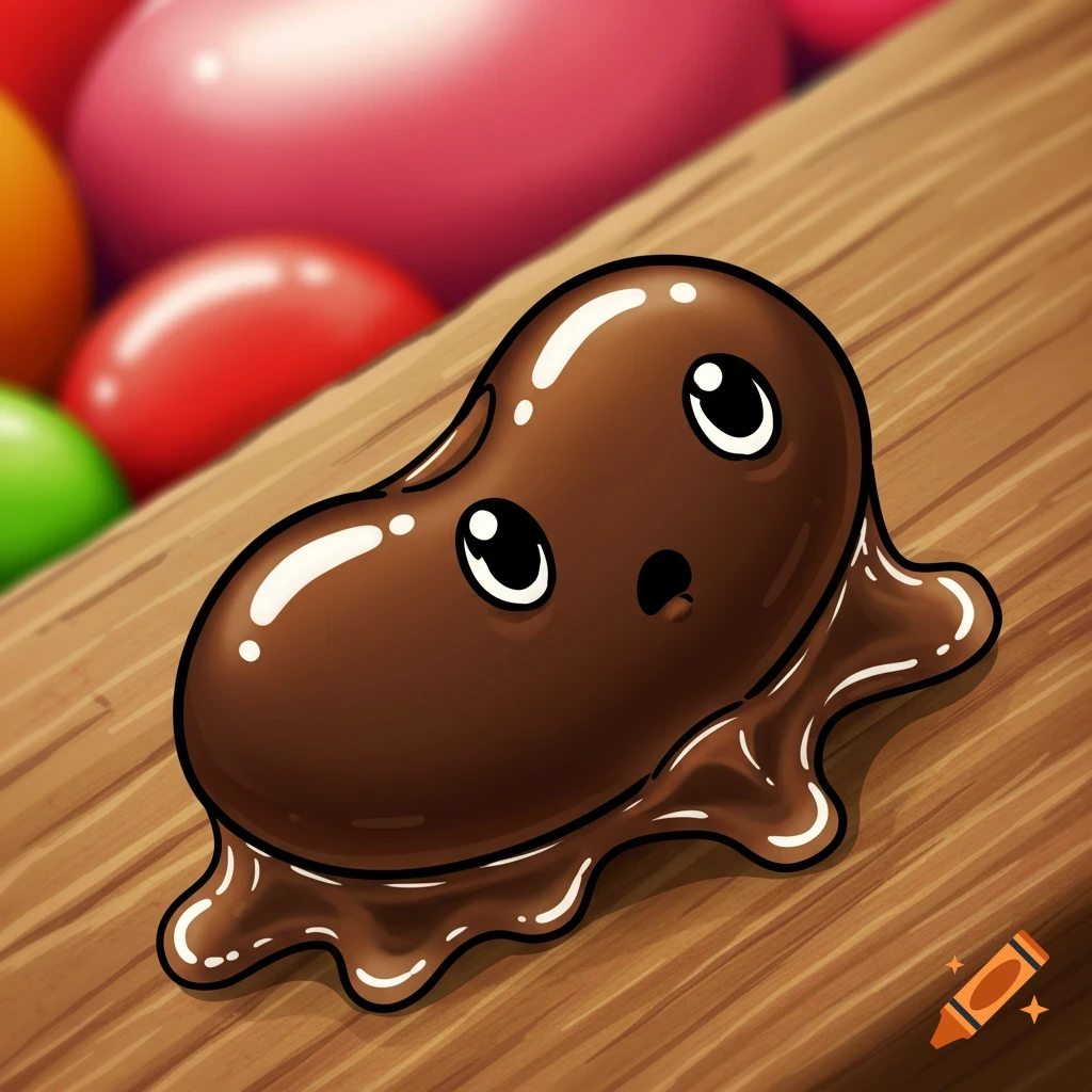 A cute, melting chocolate bean character on a wooden surface with colorful candies in the background.