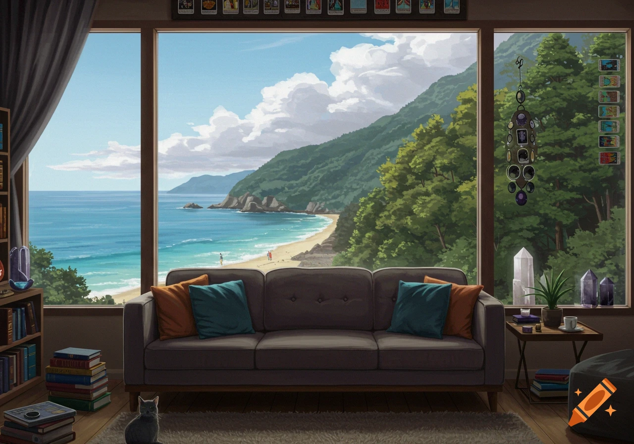 A room with a large window view of a beach and ocean, with a sofa, bookshelves, plants, and a cat.