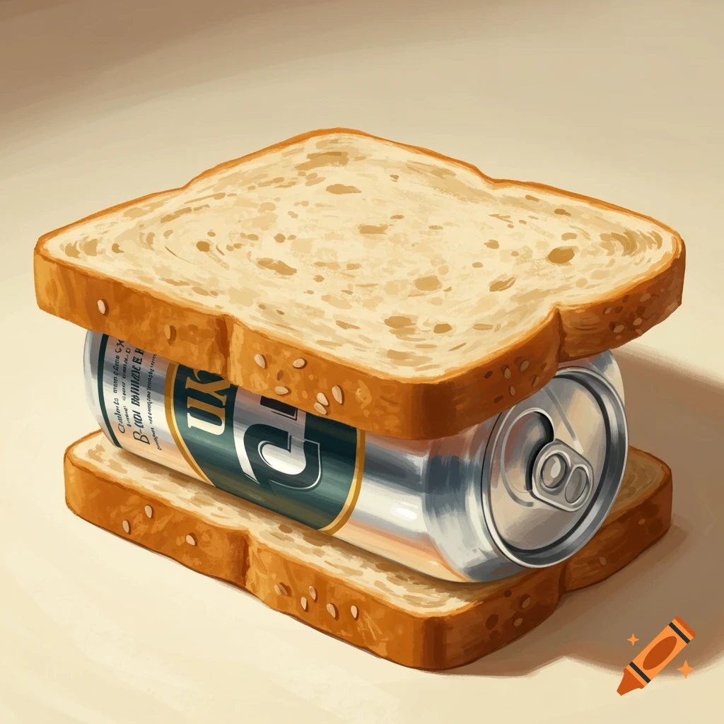 A sandwich with a beer can between the slices of bread.