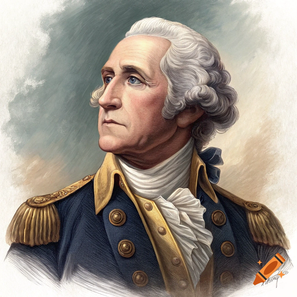 Illustration of George Washington in a blue and gold military uniform.