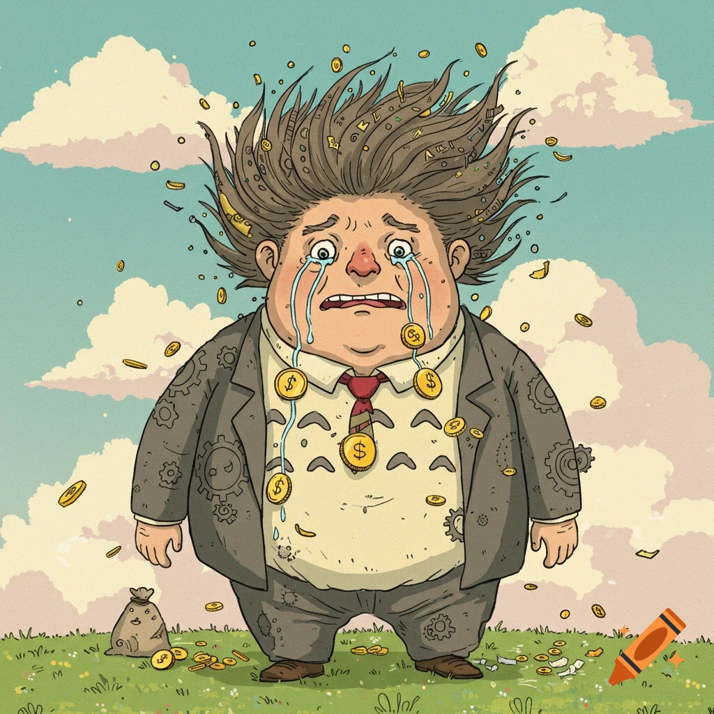 Crying man covered in falling coins, representing stock market crash, in Studio Ghibli illustration style.