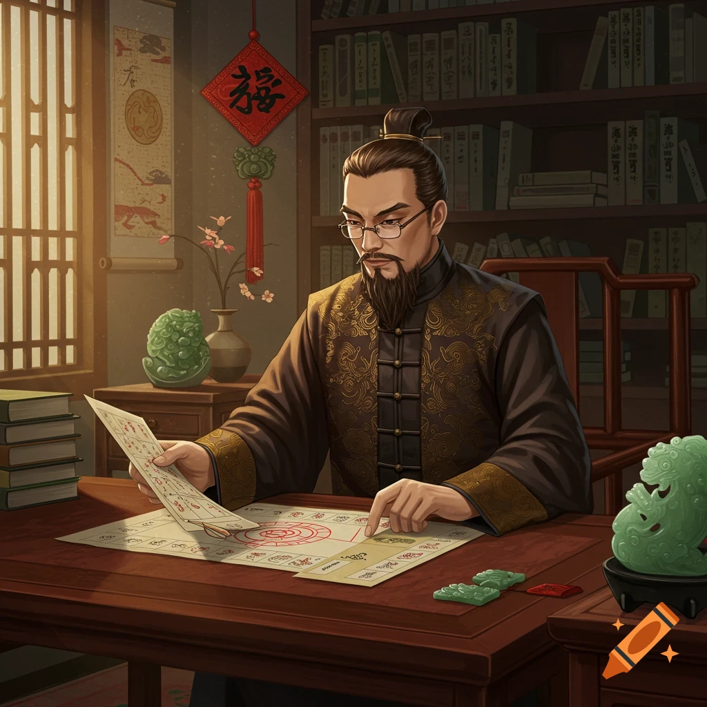 A man in traditional clothing is looking at charts in a study.