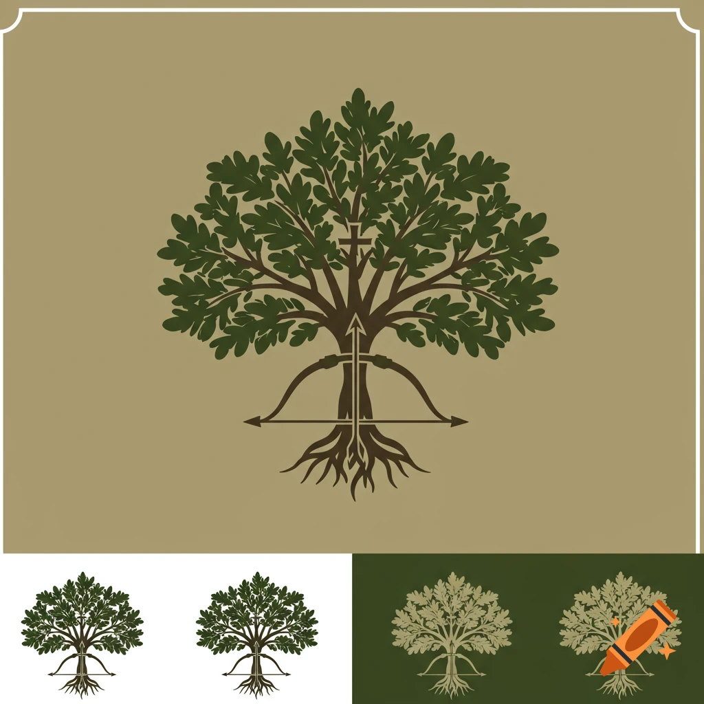 Illustration of a logo featuring an oak tree with a bow and arrow and cross symbol.