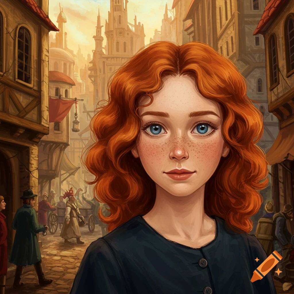 A red-haired girl with freckles in a fantasy city street.