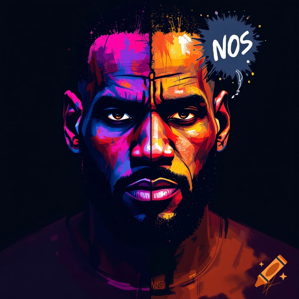 Vibrant portrait of Lebron James with split color styling.
