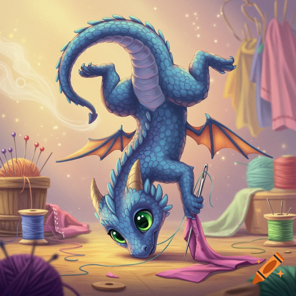 A cute baby blue dragon does a handstand while sewing with a needle and pink fabric, surrounded by yarn, spools of thread, and craft supplies.
