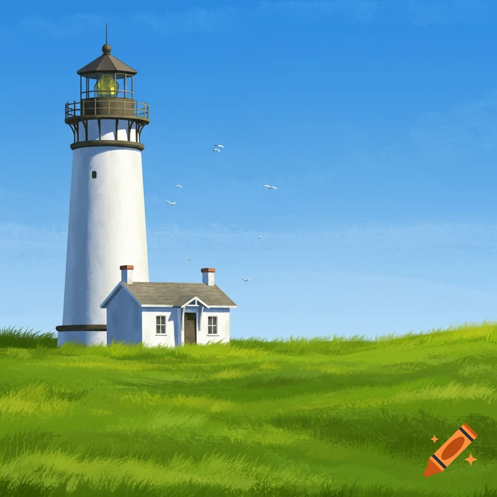 A white lighthouse and a small house on a grassy hill under a blue sky.