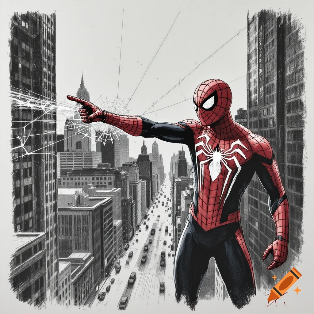 Spiderman pointing and shooting a web in a detailed comic art style drawing of a city