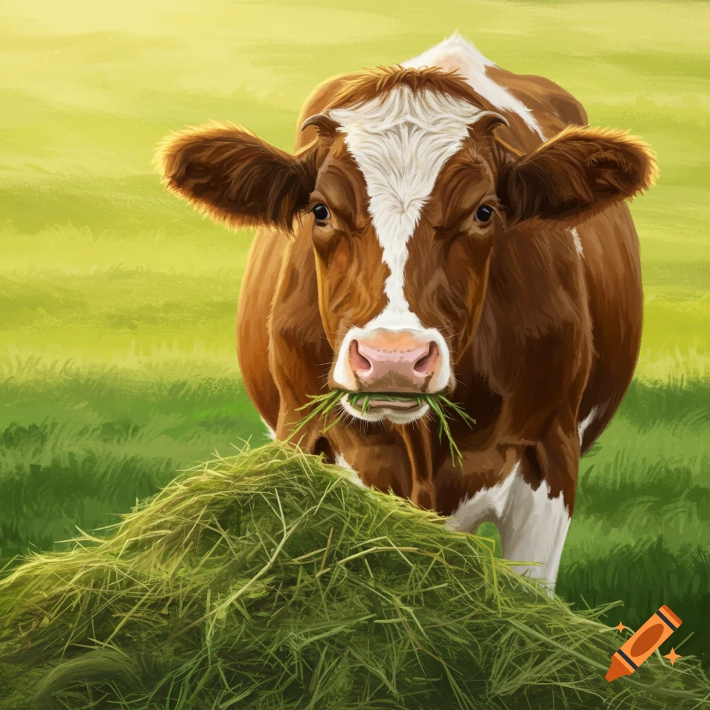 A brown and white cow eating a pile of hay in a grassy field.