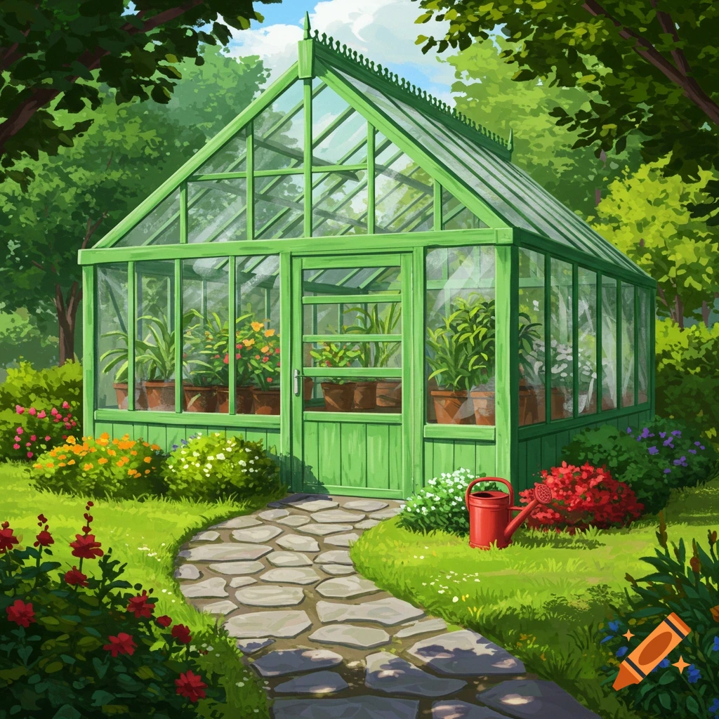 A green greenhouse stands in a garden, featuring a stone path, lush plants, vibrant flowers, and trees.