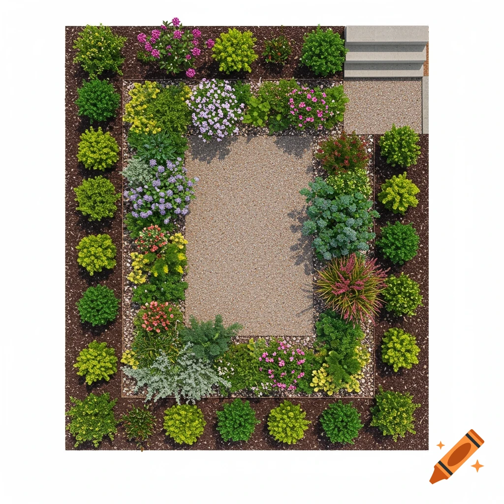 Aerial view of a rectangular garden design with gravel path and various plants.