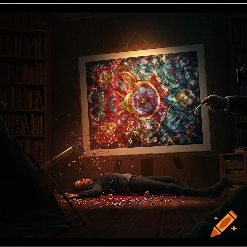 Image of a murder scene with a large diamond, blood, and a person holding a paintbrush.