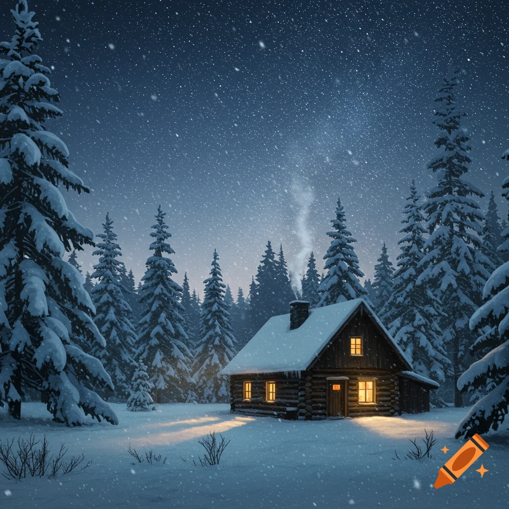 A cozy cabin in a snowy forest at night with lights in windows, smoke from chimney.