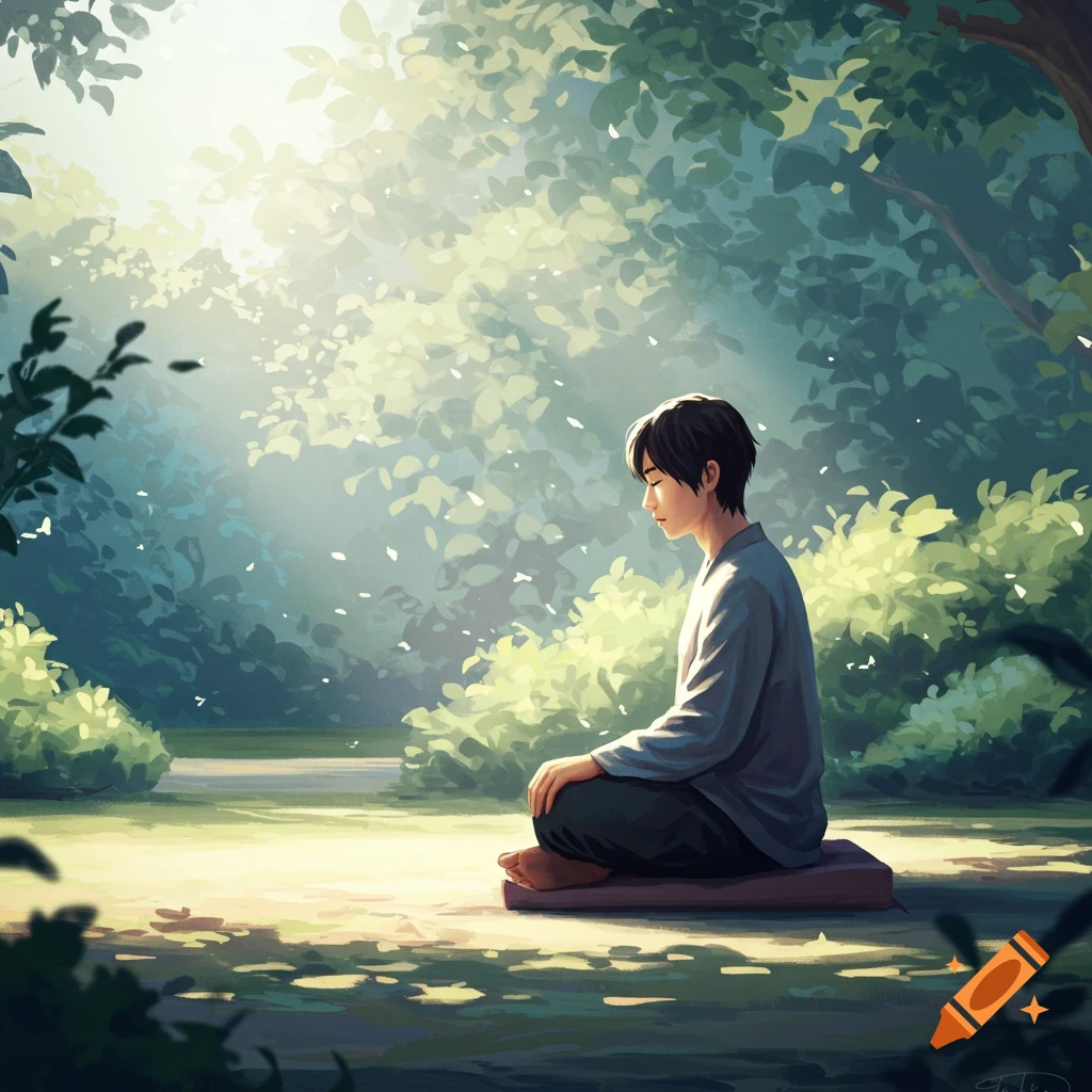 A person meditating in a sunlit forest clearing.
