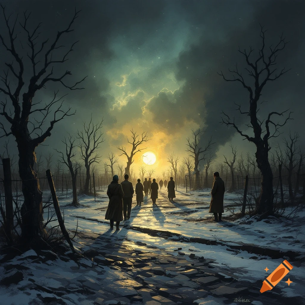 People walking towards a bright sun on a snowy path through bare trees.