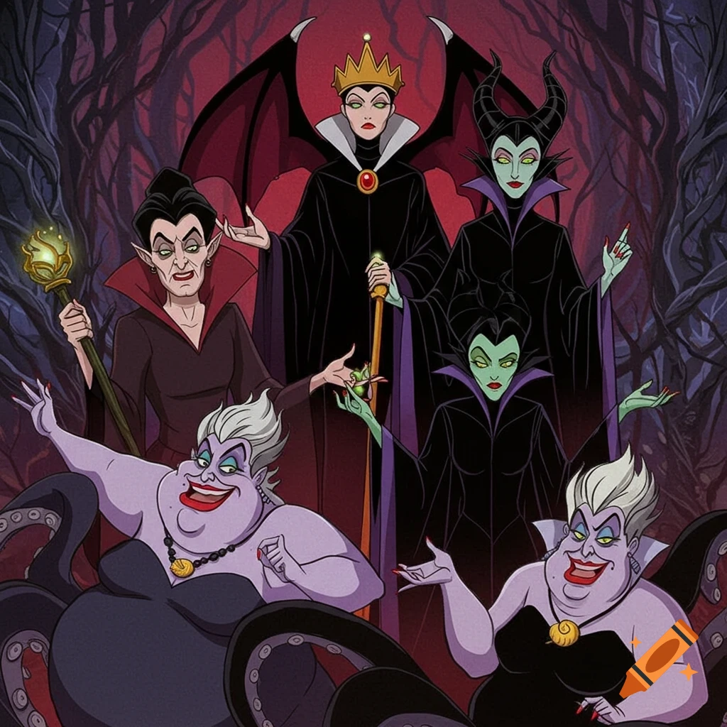 iconic female villains including Maleficent, Evil Queen, Cruella de Vil, and Ursula in a dark forest setting