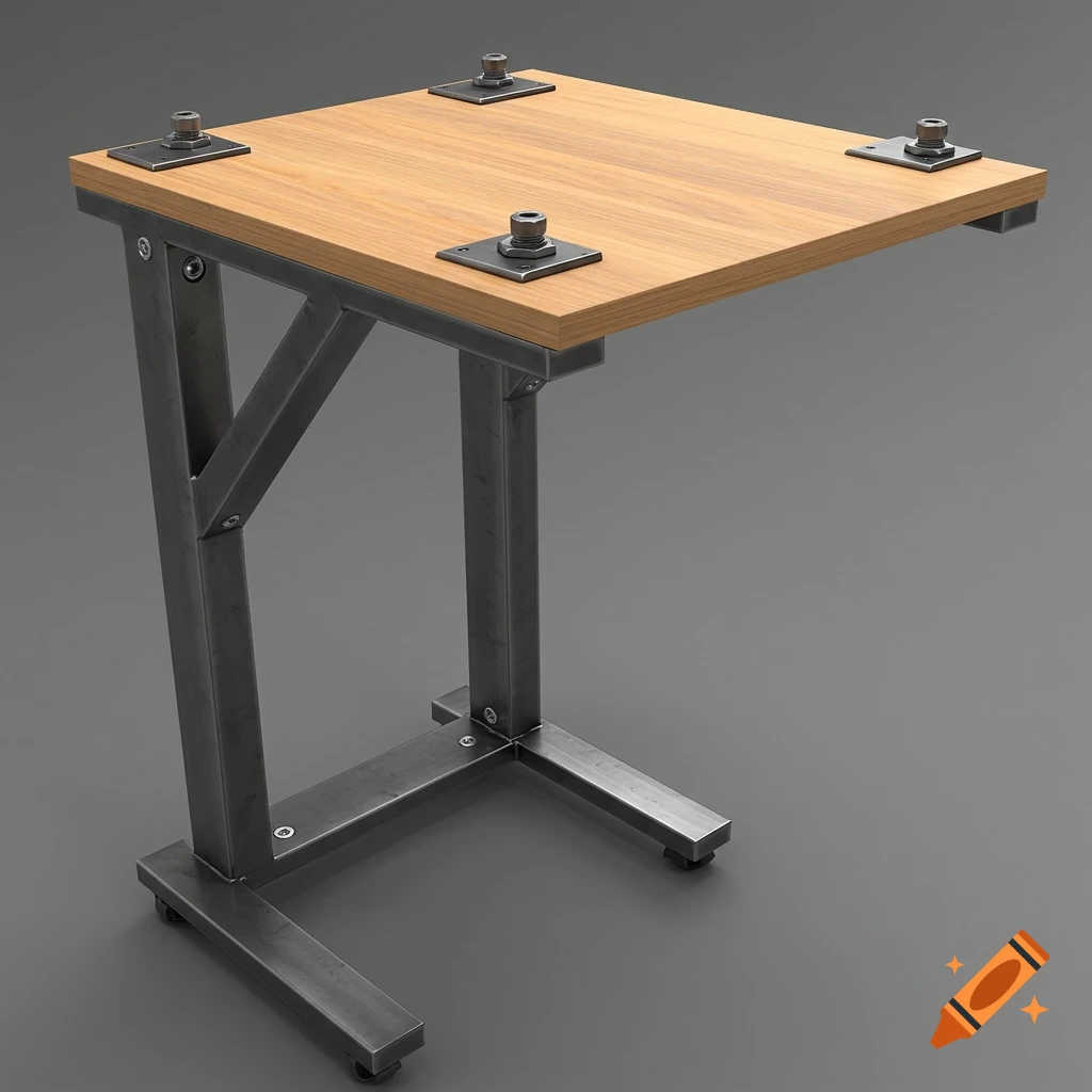 A computer stand made from metal beams and a wood top, detailed view.