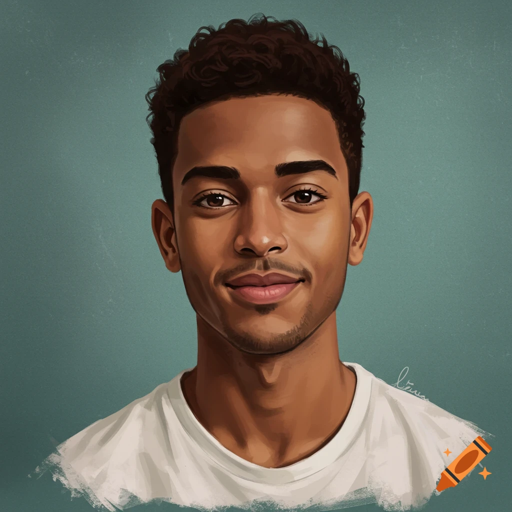 Portrait of a young man with dark curly hair and stubble smiling against a teal background.