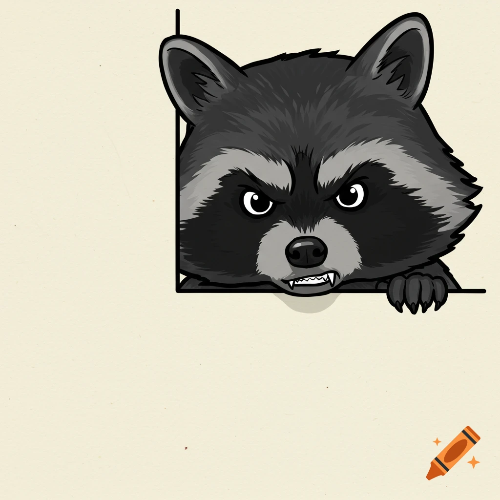 An angry cartoon raccoon peeks out from behind a black border, showing its face and one paw.