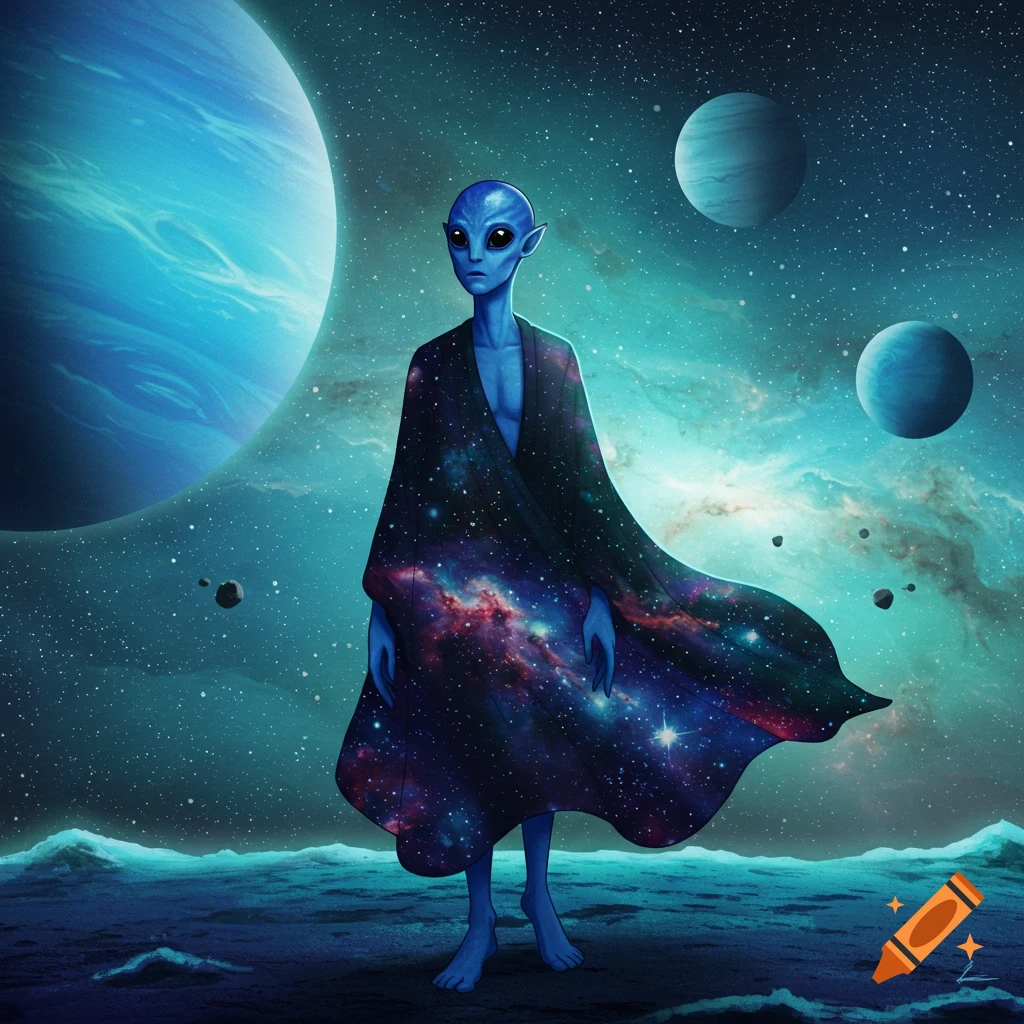 A blue alien in a galaxy robe stands on a planet's surface with planets and stars in the background.