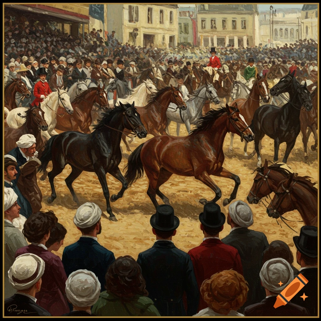 A busy horse fair with many people and horses in a town square.