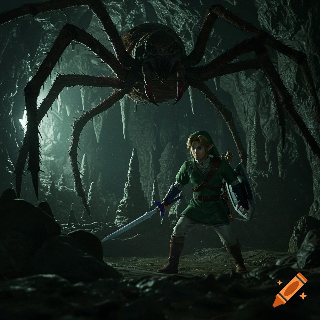 Link faces a giant spider in a dark cave, cinematic photorealistic style.