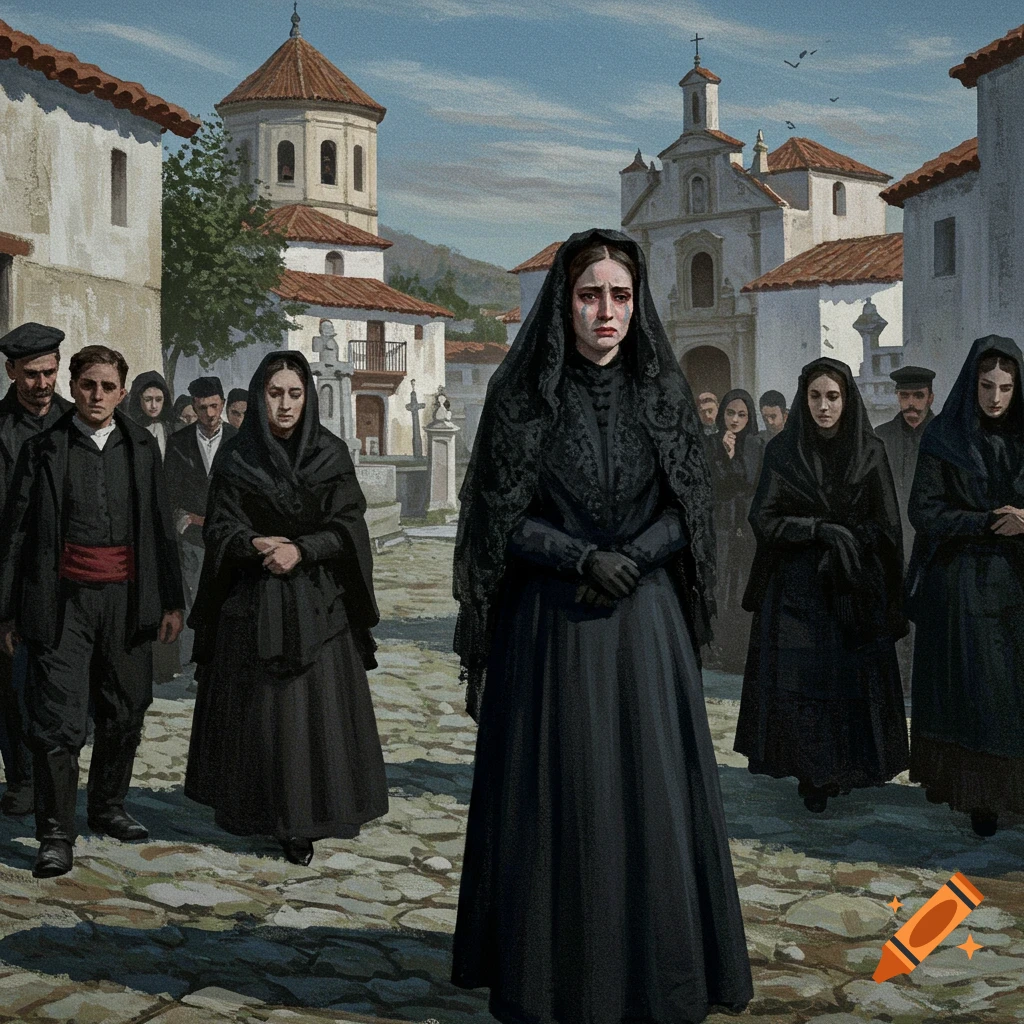 A funeral procession walks down a cobbled street in a village, led by a crying widow in a black veil.