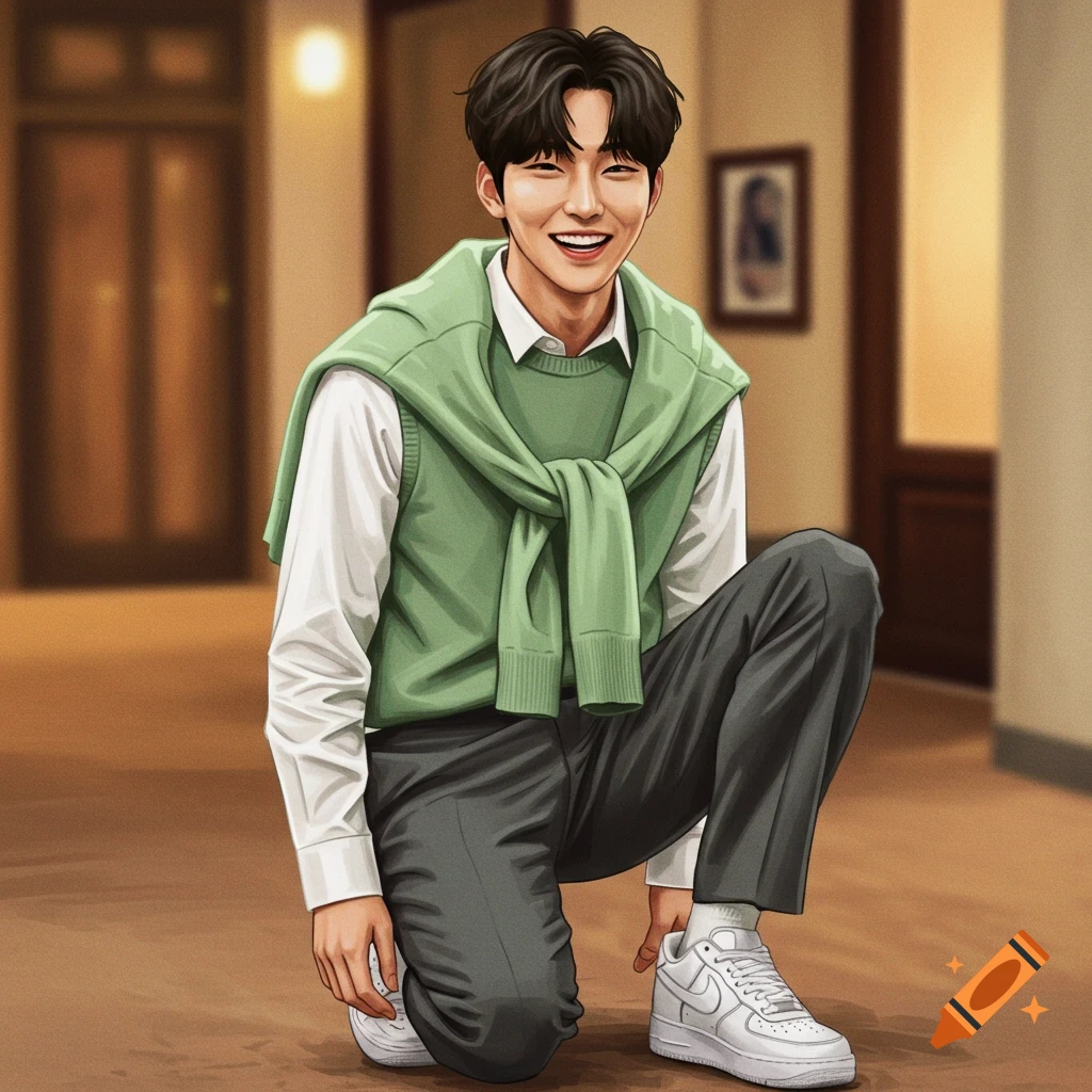 A man kneels indoors, wearing a green sweater over a white shirt, gray pants, and white sneakers.