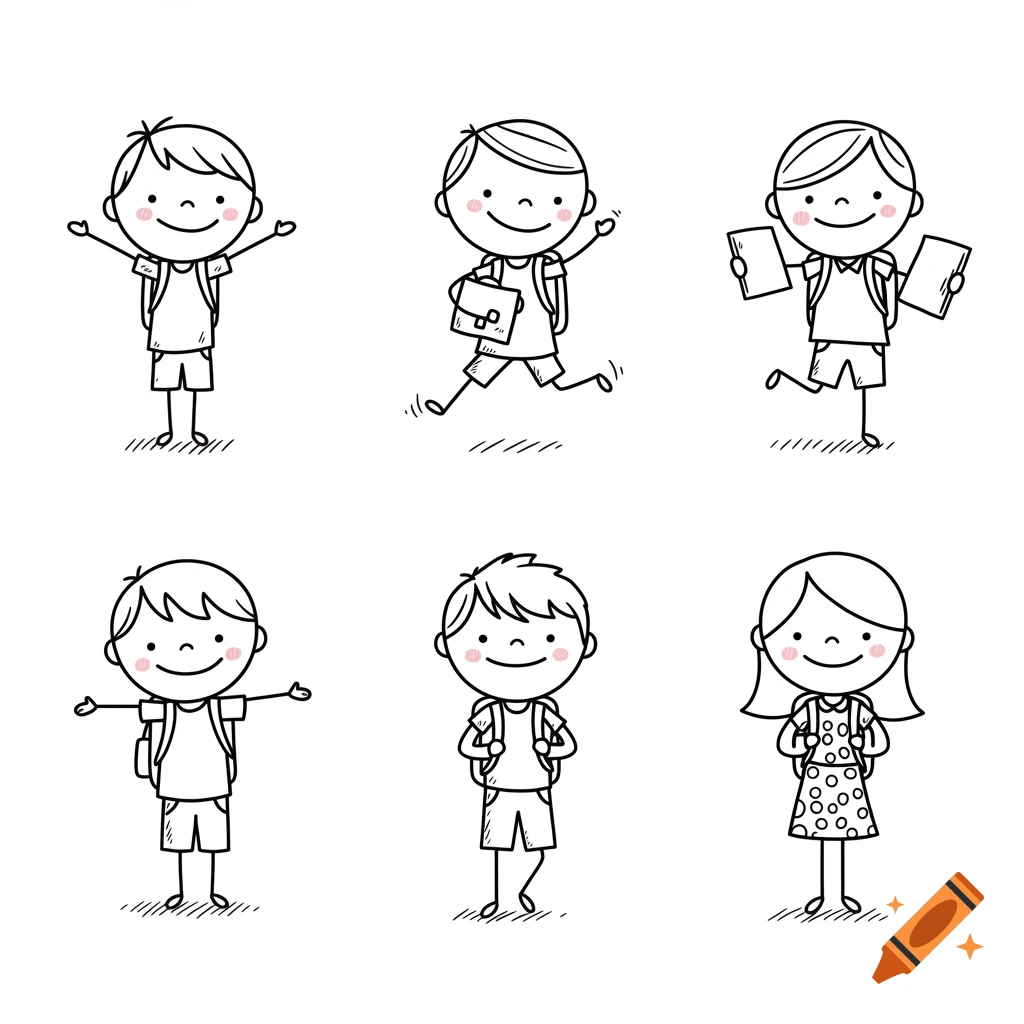 Black and white stick figure clipart of six happy school children with backpacks.