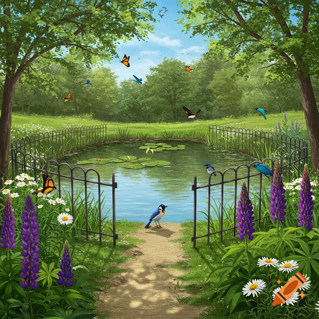 A pond surrounded by a fence, with a path leading towards it, birds, butterflies, and colorful flowers.