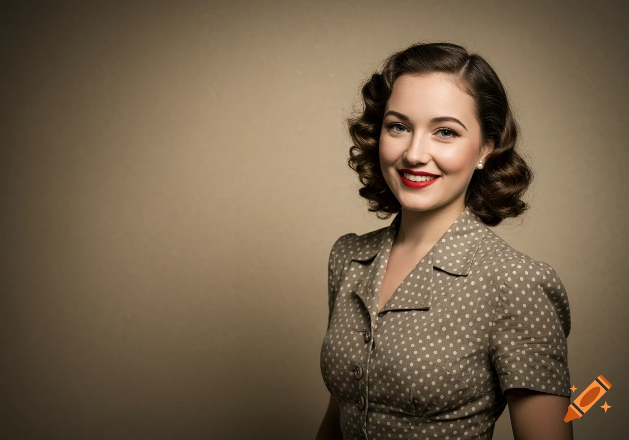 A smiling woman with a 1940s hairstyle wears a polka dot dress.